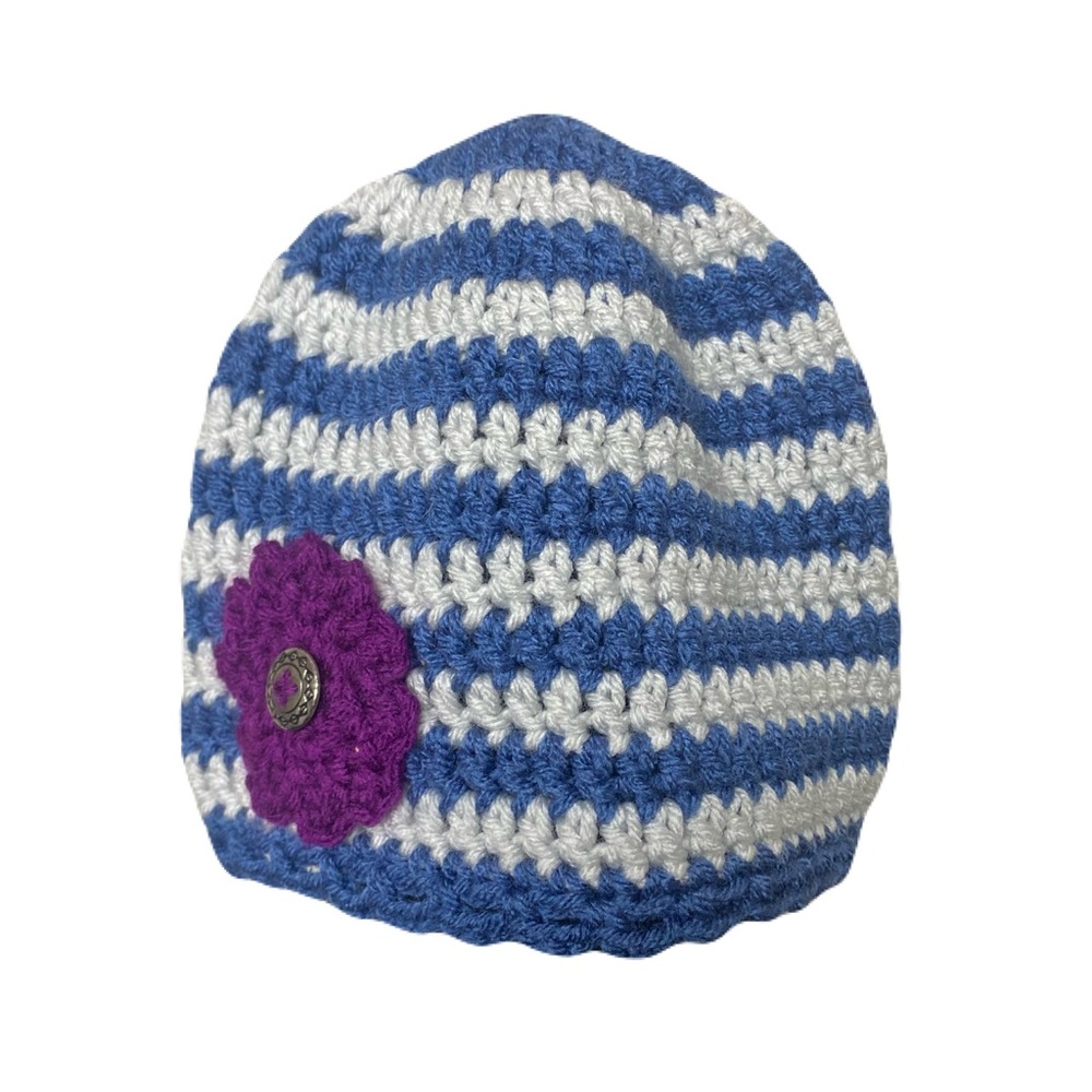 Handmade Blue Striped Crocheted Beanie w/‎ Purple Flower Embellishment